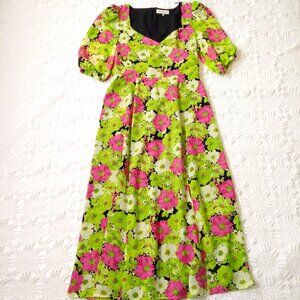 Wayf Fit Flare Midi Dress Floral Green Pink Empire Waist Sweetheart medium Women
